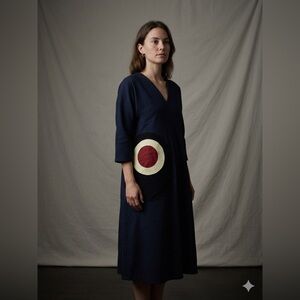 Lemon Twist Navy V-Neck Midi Dress with Contrast Circle Detail N266-8